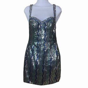 Xtreme Couture Green & Blue Wavy Sequin Mini Dress Embellished Straps 6 NWT